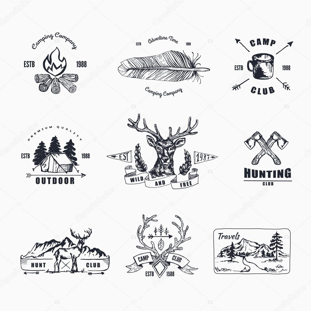 Hand-Drawn logo set. Retro collection of outdoor company, camping, adventure labels. Old style elements, mountain, lettering, ribbon banner