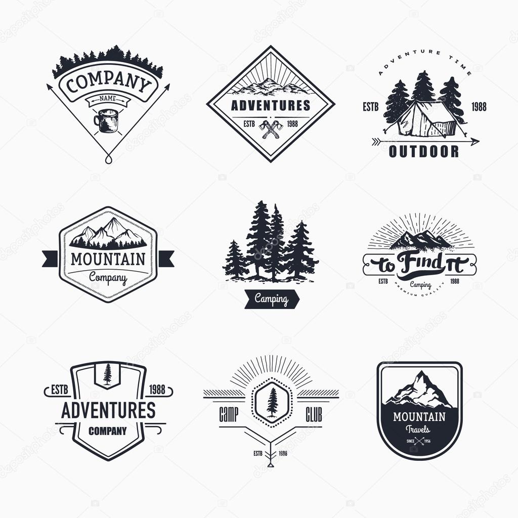 Hand-Drawn logo set. Retro collection of outdoor company, camping, adventure labels. Old style elements, mountain, lettering