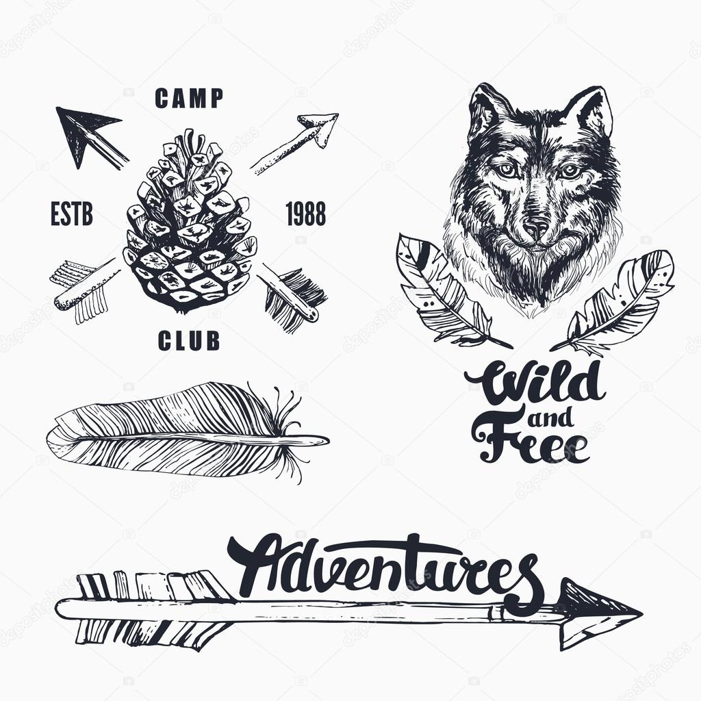 Hand-Drawn logo set. Retro collection of outdoor company, camping, adventure labels. Old style elements, mountain, lettering