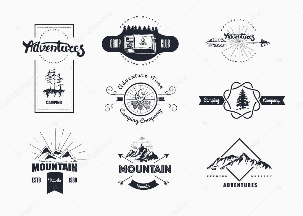 Hand-Drawn logo set. Retro collection of outdoor company, camping, adventure labels. Old style elements, mountain, lettering, ribbon banner