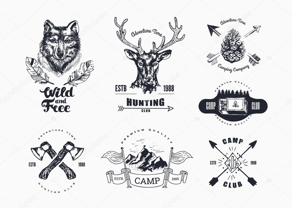 Hand-Drawn logo set. Retro collection of outdoor company, camping, adventure labels. Old style elements, mountain, lettering, ribbon banner