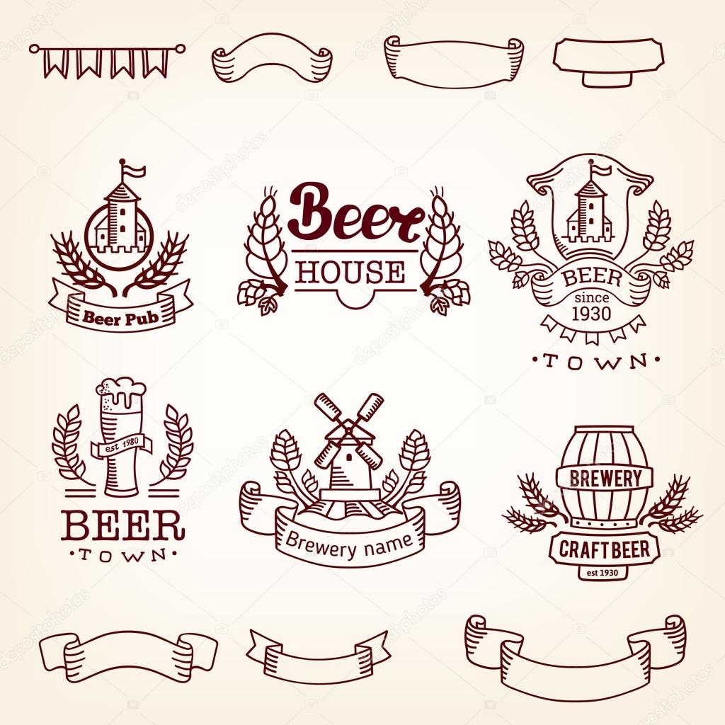 Set of beer labels. Old style elements, logos, logotypes for bar, pub, brewing company, brewery, tavern, beer town, beer house. Logo collection. Vintage banners and vignette design, hand drawn set