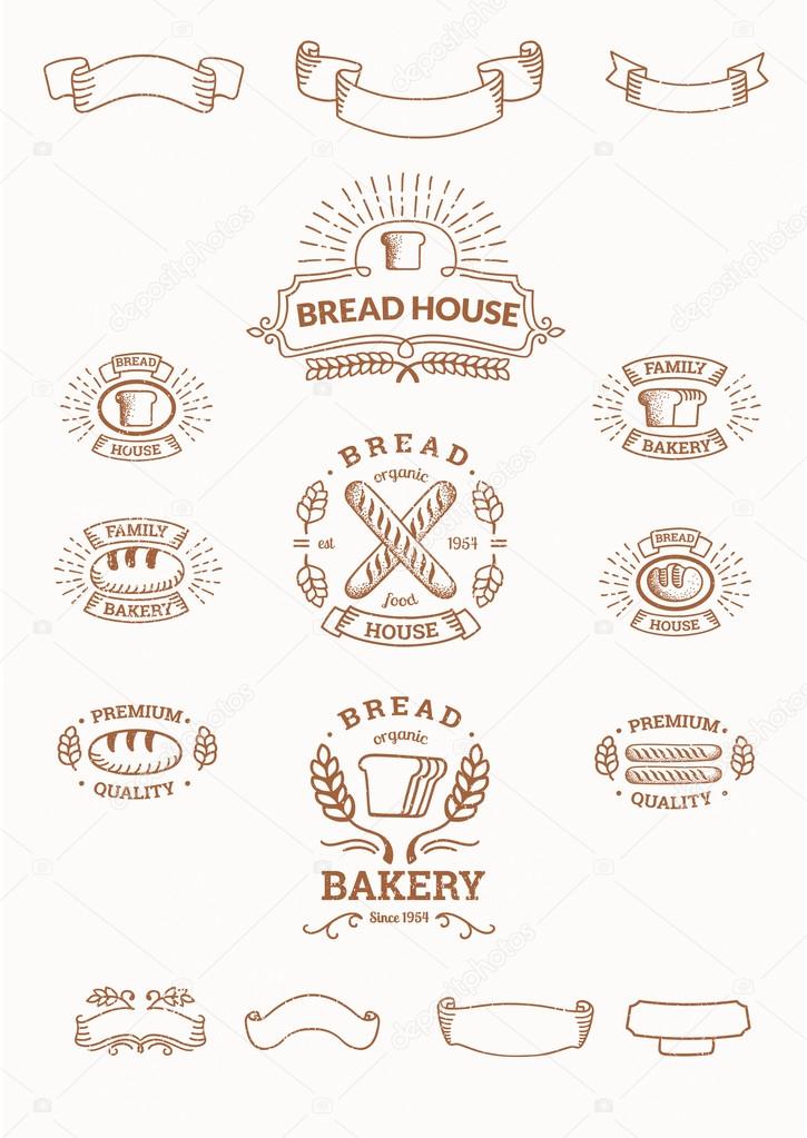 Retro set label of bread bakery. Old style elements, logos, logotypes for badges, bread company, bread house, cafe, cake shop. Logo collection.