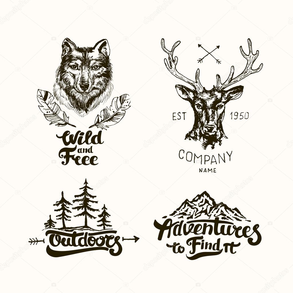 Hand-Drawn logo set. Retro collection of outdoor company, camping, adventure labels. Old style elements, mountain, lettering, ribbon banner
