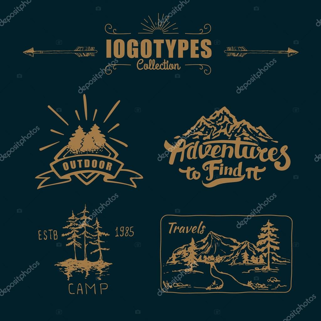 Hand-Drawn logo set. Retro collection of outdoor company, camping, adventure labels. Old style elements, mountain, lettering