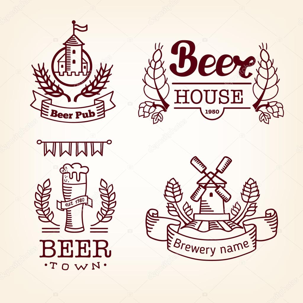 Set of beer labels. Old style elements, logos, logotypes for bar, pub, brewing company, brewery, tavern, beer town, beer house. Logo collection. Vintage banners and vignette design, hand drawn set
