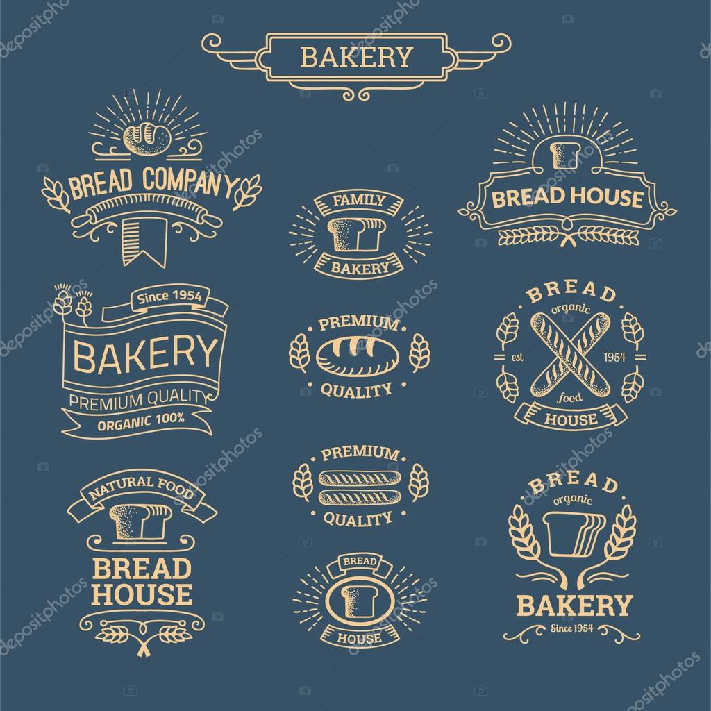 Retro set label of bread bakery. Old style elements, logos, logotypes for badges, bread company, bread house, cafe, cake shop. Logo collection.
