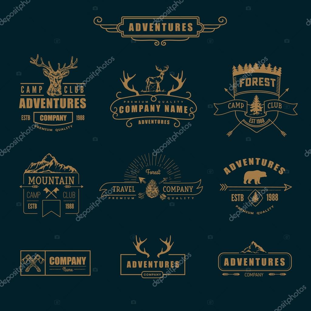 Hand-Drawn logo set. Retro collection of outdoor company, camping, adventure labels. Old style elements, mountain, lettering, ribbon banner