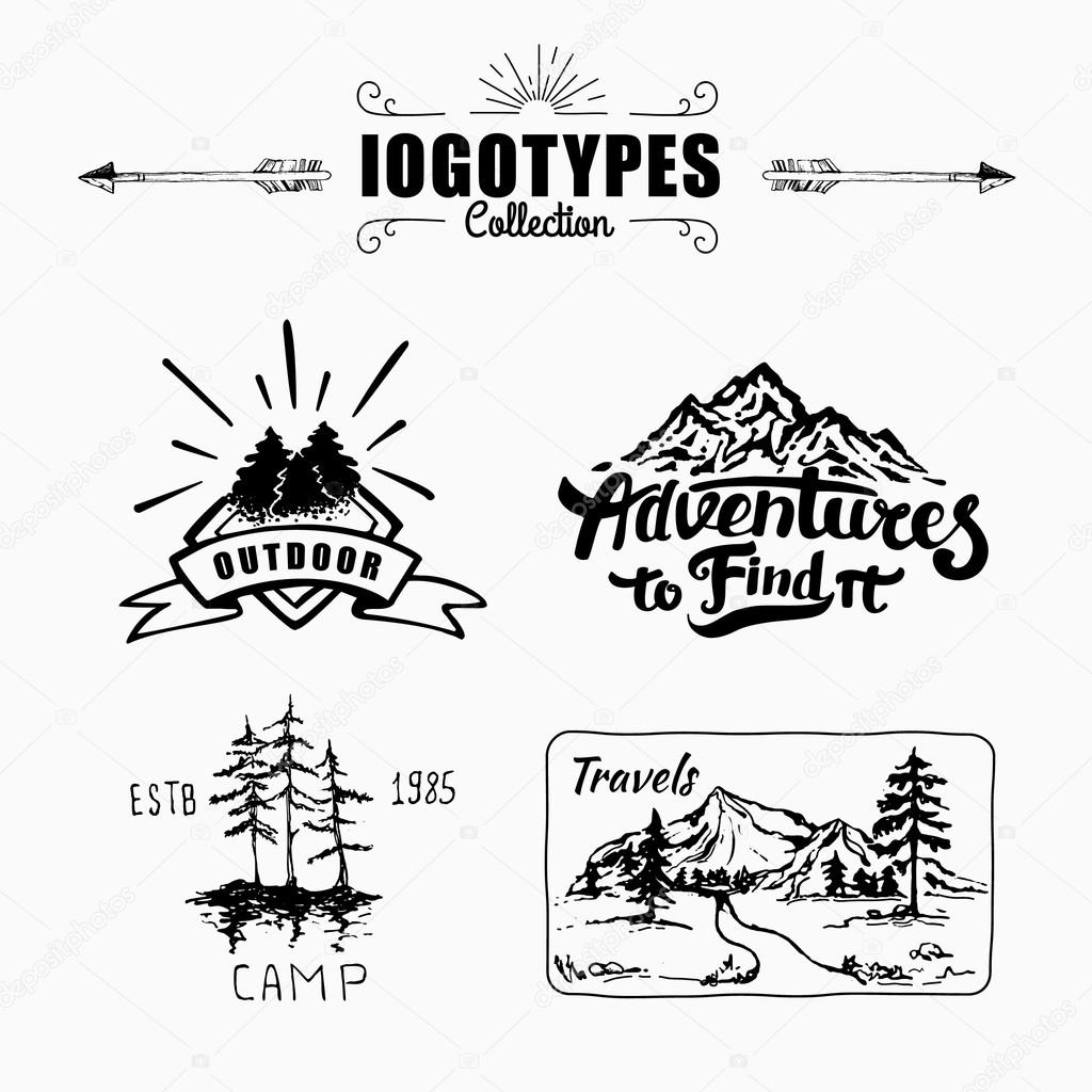 Hand-Drawn logo set. Retro collection of outdoor company, camping, adventure labels. Old style elements, mountain, lettering