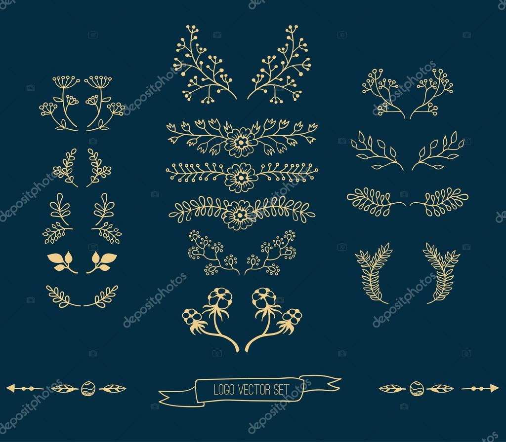 Vector set of floral logo design template, logo branch with ethnic elements and feathers for the invitation, event, wedding (save date), hand drawn sketches. ornament Lorum ipsum. Tropical flowers