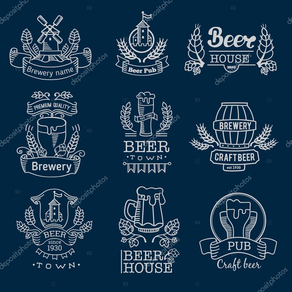 Set of beer labels. Old style elements, logos, logotypes for bar, pub, brewing company, brewery, tavern, beer town, beer house. Logo collection. Vintage banners and vignette design, hand drawn set