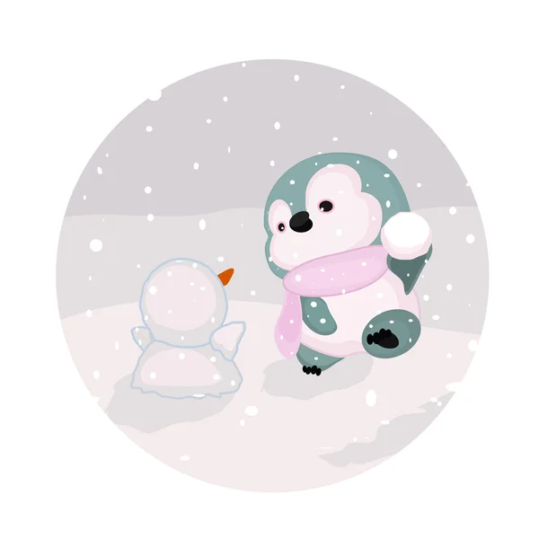 Baby Penguin and Little Snowman having Fun — Stock Vector