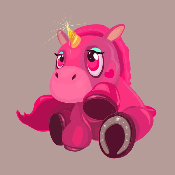 Lindo rosa sentado unicornio con herradura — Vector de stock