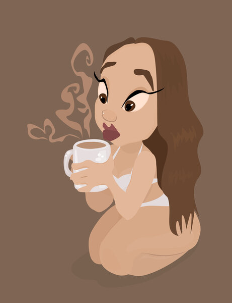 Pretty Cartoon Woman drinks Morning Coffee