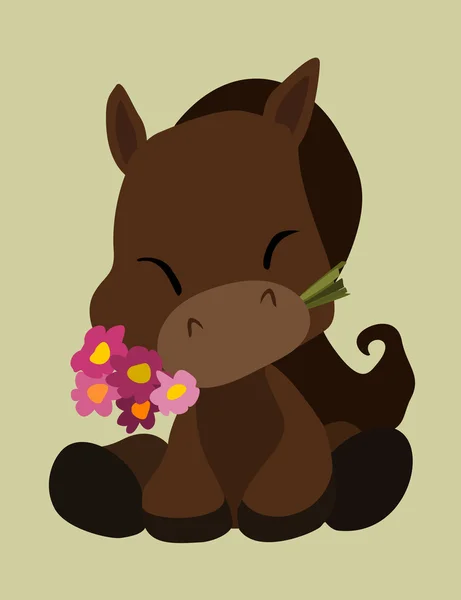 Cute sentado Cartoon Brown Cavalo com flores cor de rosa — Vetor de Stock