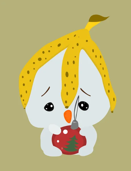 Little Snowman with Bauble and Banana Peel on Head — Stock Vector