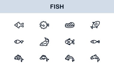 Balık Hattı Simgesi Koleksiyonu Eşsiz, profesyonel ve basit tasarım seti. Okyanus hayvanları, deniz ürünleri çeşitleri ve su ekosistem sembolleri içerir.
