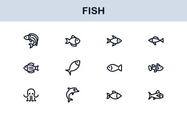 Balık Hattı Simgesi Koleksiyonu Eşsiz, profesyonel ve basit tasarım seti. Okyanus hayvanları, deniz ürünleri çeşitleri ve su ekosistem sembolleri içerir.