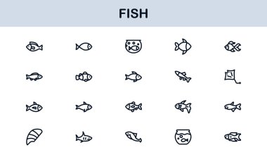Balık Hattı Simgesi Koleksiyonu Eşsiz, profesyonel ve basit tasarım seti. Okyanus hayvanları, deniz ürünleri çeşitleri ve su ekosistem sembolleri içerir.