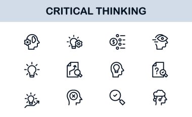 Critical Thinking Icons Vector Set. Creative Mindset, Problem Solving, Logic, Innovation, Decision Making, Idea Concept Line Illustrations