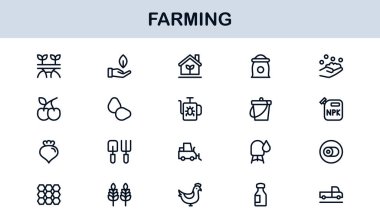 Farming Icons Collection Featuring Vector Illustrations of Agriculture Tools, Plants, Animals, and Harvest Elements