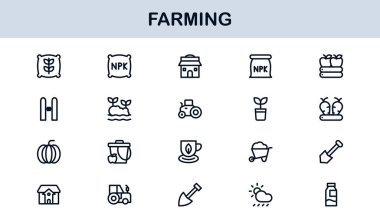 Farming Icons Collection Featuring Vector Illustrations of Agriculture Tools, Plants, Animals, and Harvest Elements