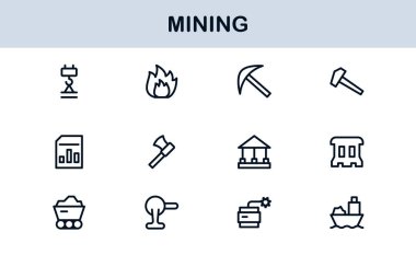 Mining Operations Modern Line Icon Pack. Professional Minimal Collection of Excavation Machinery Pickaxe Helmet Conveyor Ore Cart Symbols for Marketplaces