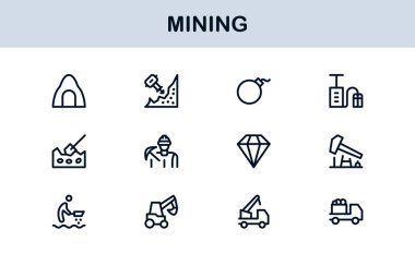 Mining Operations Modern Line Icon Pack. Professional Minimal Collection of Excavation Machinery Pickaxe Helmet Conveyor Ore Cart Symbols for Marketplaces
