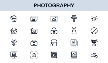 Photography mastery captured with minimal clarity, premium modern vector line icon collection showcasing camera, DSLR, lens, tripod, flash, studio gear symbols