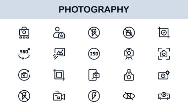 Photography mastery captured with minimal clarity, premium modern vector line icon collection showcasing camera, DSLR, lens, tripod, flash, studio gear symbols