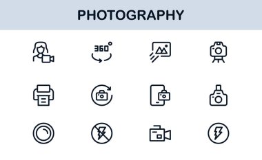 Photography mastery captured with minimal clarity, premium modern vector line icon collection showcasing camera, DSLR, lens, tripod, flash, studio gear symbols