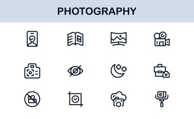 Photography mastery captured with minimal clarity, premium modern vector line icon collection showcasing camera, DSLR, lens, tripod, flash, studio gear symbols