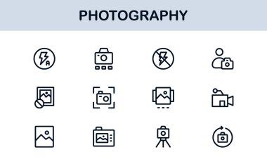 Photography mastery captured with minimal clarity, premium modern vector line icon collection showcasing camera, DSLR, lens, tripod, flash, studio gear symbols