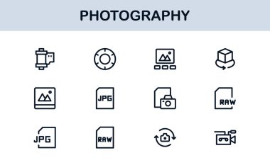 Photography mastery captured with minimal clarity, premium modern vector line icon collection showcasing camera, DSLR, lens, tripod, flash, studio gear symbols