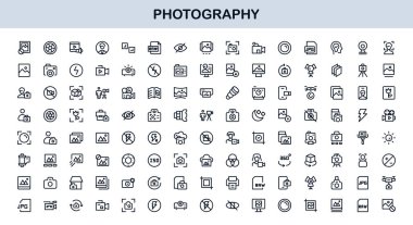 Photography mastery captured with minimal clarity, premium modern vector line icon collection showcasing camera, DSLR, lens, tripod, flash, studio gear symbols