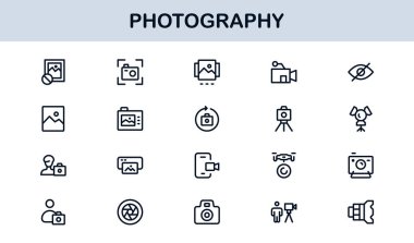 Photography mastery captured with minimal clarity, premium modern vector line icon collection showcasing camera, DSLR, lens, tripod, flash, studio gear symbols