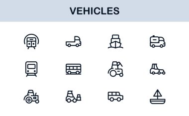 Automotive Vehicles Modern Professional Line Icon Set. Premium Vector Collection Featuring Cars, Trucks, Motorbikes, EVs, Buses, and Transport Symbols