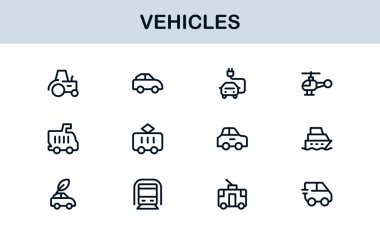 Automotive Vehicles Modern Professional Line Icon Set. Premium Vector Collection Featuring Cars, Trucks, Motorbikes, EVs, Buses, and Transport Symbols