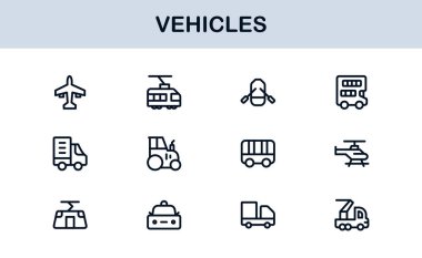 Automotive Vehicles Modern Professional Line Icon Set. Premium Vector Collection Featuring Cars, Trucks, Motorbikes, EVs, Buses, and Transport Symbols