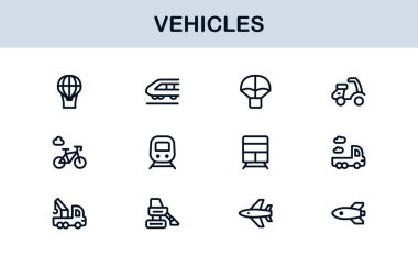 Automotive Vehicles Modern Professional Line Icon Set. Premium Vector Collection Featuring Cars, Trucks, Motorbikes, EVs, Buses, and Transport Symbols