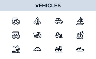 Automotive Vehicles Modern Professional Line Icon Set. Premium Vector Collection Featuring Cars, Trucks, Motorbikes, EVs, Buses, and Transport Symbols