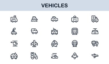 Automotive Vehicles Modern Professional Line Icon Set. Premium Vector Collection Featuring Cars, Trucks, Motorbikes, EVs, Buses, and Transport Symbols