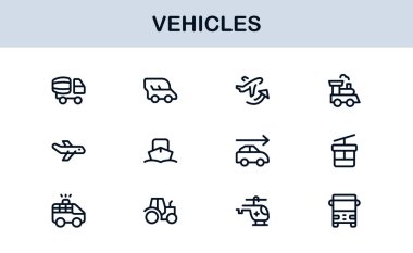 Automotive Vehicles Modern Professional Line Icon Set. Premium Vector Collection Featuring Cars, Trucks, Motorbikes, EVs, Buses, and Transport Symbols