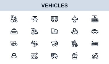 Automotive Vehicles Modern Professional Line Icon Set. Premium Vector Collection Featuring Cars, Trucks, Motorbikes, EVs, Buses, and Transport Symbols