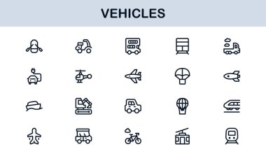 Automotive Vehicles Modern Professional Line Icon Set. Premium Vector Collection Featuring Cars, Trucks, Motorbikes, EVs, Buses, and Transport Symbols