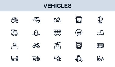 Automotive Vehicles Modern Professional Line Icon Set. Premium Vector Collection Featuring Cars, Trucks, Motorbikes, EVs, Buses, and Transport Symbols