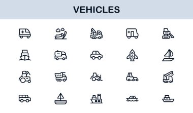 Automotive Vehicles Modern Professional Line Icon Set. Premium Vector Collection Featuring Cars, Trucks, Motorbikes, EVs, Buses, and Transport Symbols