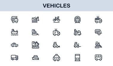 Automotive Vehicles Modern Professional Line Icon Set. Premium Vector Collection Featuring Cars, Trucks, Motorbikes, EVs, Buses, and Transport Symbols