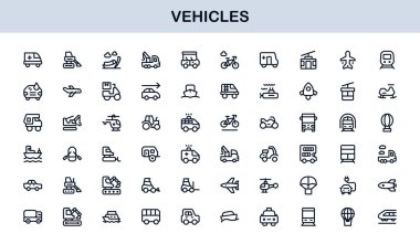 Automotive Vehicles Modern Professional Line Icon Set. Premium Vector Collection Featuring Cars, Trucks, Motorbikes, EVs, Buses, and Transport Symbols