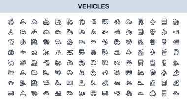 Automotive Vehicles Modern Professional Line Icon Set. Premium Vector Collection Featuring Cars, Trucks, Motorbikes, EVs, Buses, and Transport Symbols